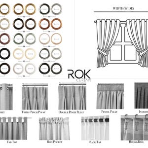 May include: An informational graphic showcasing curtain hardware and hanging styles. The image displays various grommet colors, including gold, silver, and black, and different hanging types such as grommet, triple pinch pleat, and rod pocket.