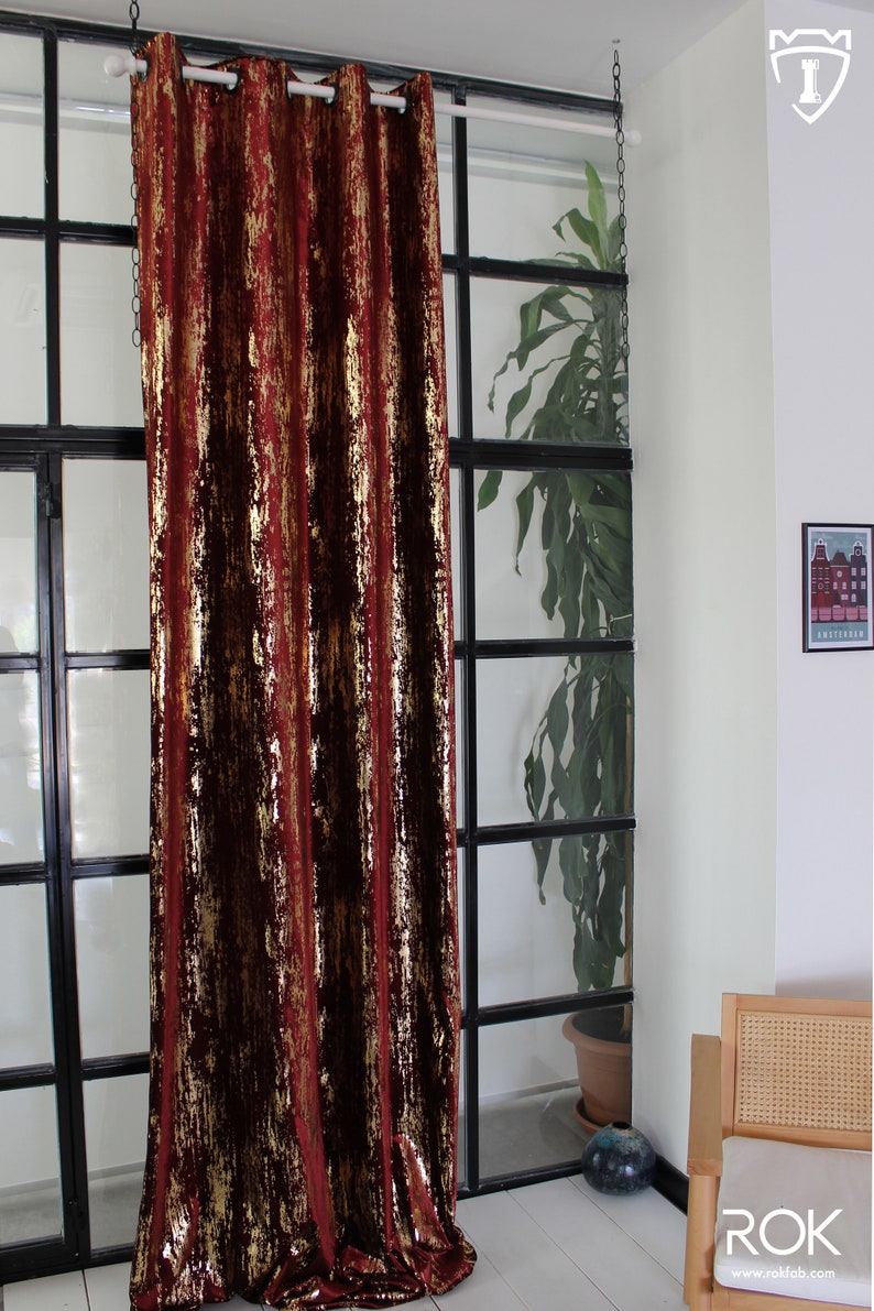 Red Velvet Curtains,Gold Print Velvet Curtains Custom Window Curtain Panels, Long Curtain Panels, Story Window Curtains, Dining Room Curtain image 5