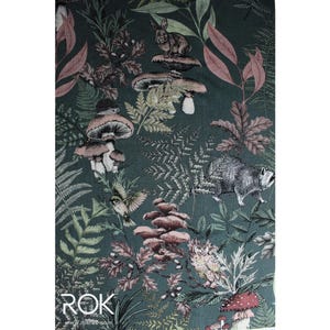 May include: A dark green fabric featuring a forest scene with mushrooms, ferns, and woodland creatures like a rabbit, owl, and raccoon. The design includes various shades of green, brown, and pink, creating a detailed and naturalistic pattern.