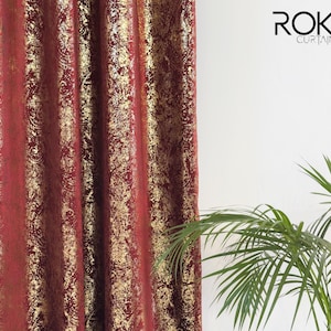 Red Velvet Curtains with Gold Foil Print, Custom Long Velvet Drapery Panels, 12 Color Options, Elegant Window Treatment for Story Windows