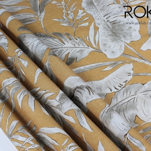 Mustard Yellow & Silver Gray Botanical Linen Curtains, Tropical Leaf Drapery Panel, Custom Size, 5 Heading Styles