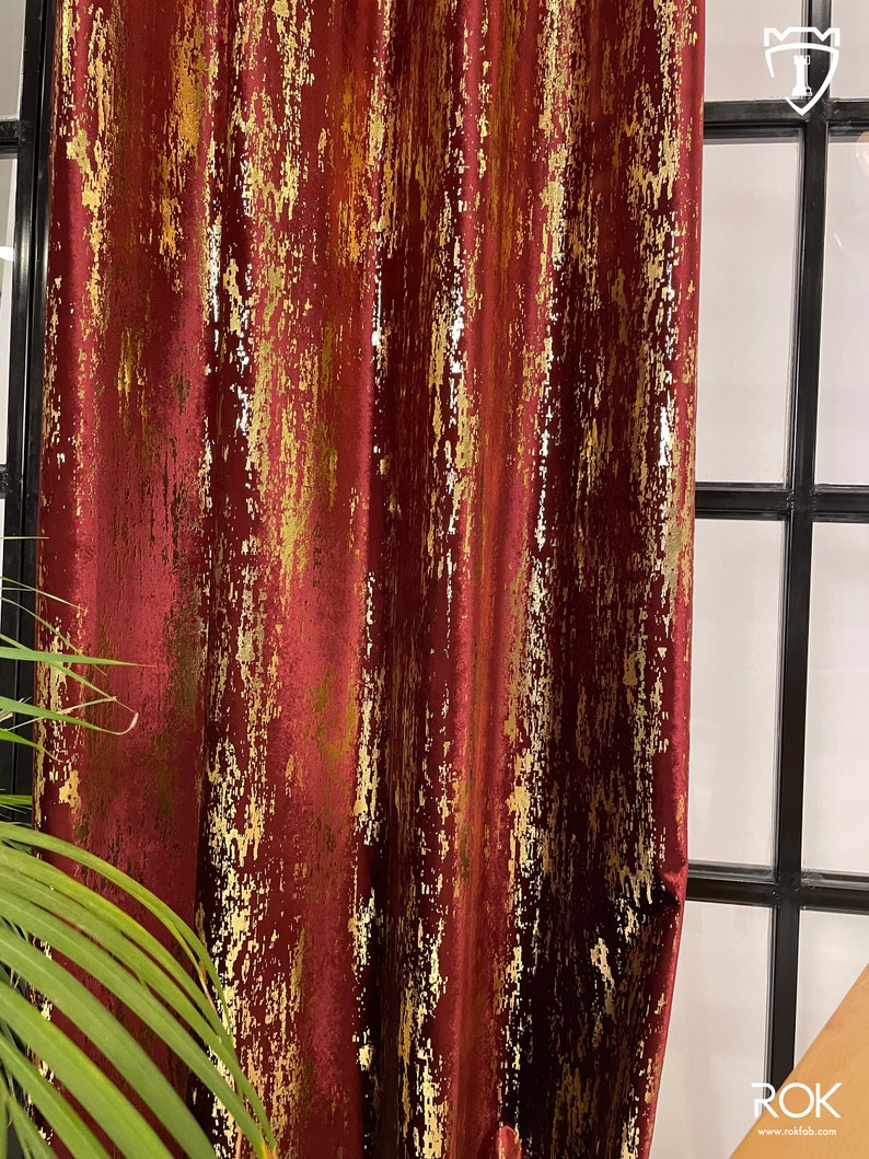 Red Velvet Curtains,Gold Print Velvet Curtains Custom Window Curtain Panels, Long Curtain Panels, Story Window Curtains, Dining Room Curtain image 6