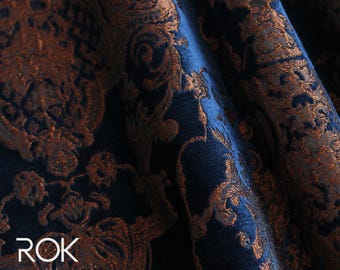 Luxury Baroque Chenille Curtain Fabric, Navy Blue and Copper Jacquard Drapery, Heavyweight Brocade Curtain Panel by the Yard