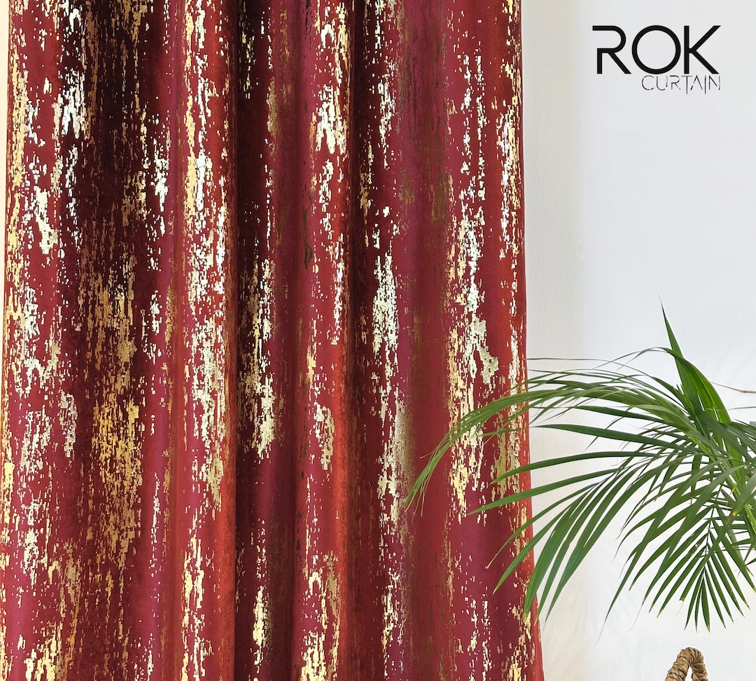 Red Velvet Curtains With Gold Print, Custom Long Velvet Drapes, Story ...