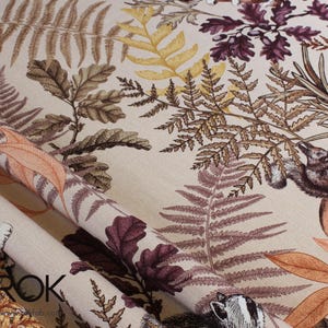 Woodland Botanical Curtain, Linen Viscose Fabric, Fern & Forest Animal Print, Earth Tone Custom Curtains