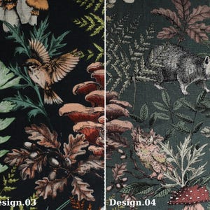 May include: Two fabric designs featuring forest scenes. Design 03 shows a bird with outstretched wings, mushrooms, and foliage. Design 04 depicts a raccoon, owl, and mushrooms amidst leaves and ferns. The designs are on a dark green background.