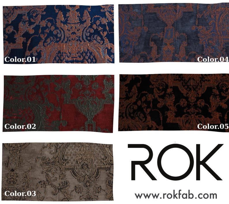 May include: A collection of fabric swatches in various colors, including navy blue, charcoal, red, black, and taupe. Each swatch features an ornate, damask-style pattern in contrasting metallic tones. The swatches are labeled with color codes.