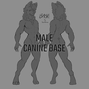 May include: Line art illustration of a male canine base, featuring a front and back view of a muscular anthropomorphic wolf-like figure. The text "MALE CANINE BASE" is displayed prominently, with "BASE by LeoNova" above.