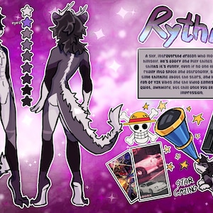 May include: Illustration of a dragon-like character named Rythius, in shades of grey and white, with antlers and a long tail. The image includes text describing the character's personality and interests, along with related imagery.