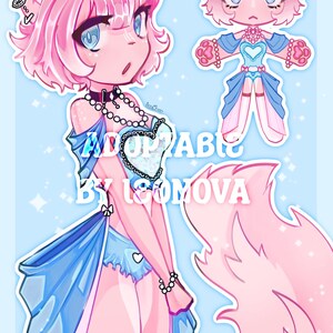 May include: A pink and blue digital illustration of a cat-like character wearing a blue dress with a heart-shaped design. The character has pink hair, blue eyes, and a pink tail. The text "ADOPTABLE BY ISOMOVA" is written in white letters on a blue background.
