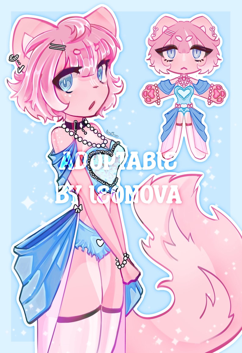 May include: A pink and blue digital illustration of a cat-like character wearing a blue dress with a heart-shaped design. The character has pink hair, blue eyes, and a pink tail. The text "ADOPTABLE BY ISOMOVA" is written in white letters on a blue background.