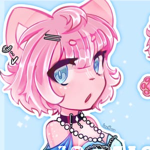 May include: A pink and blue cartoon character with large blue eyes and pink hair. The character is wearing a black choker necklace with a silver charm and a pearl necklace. The character has a pink nose and a small mouth. The background is a light blue color with white stars.