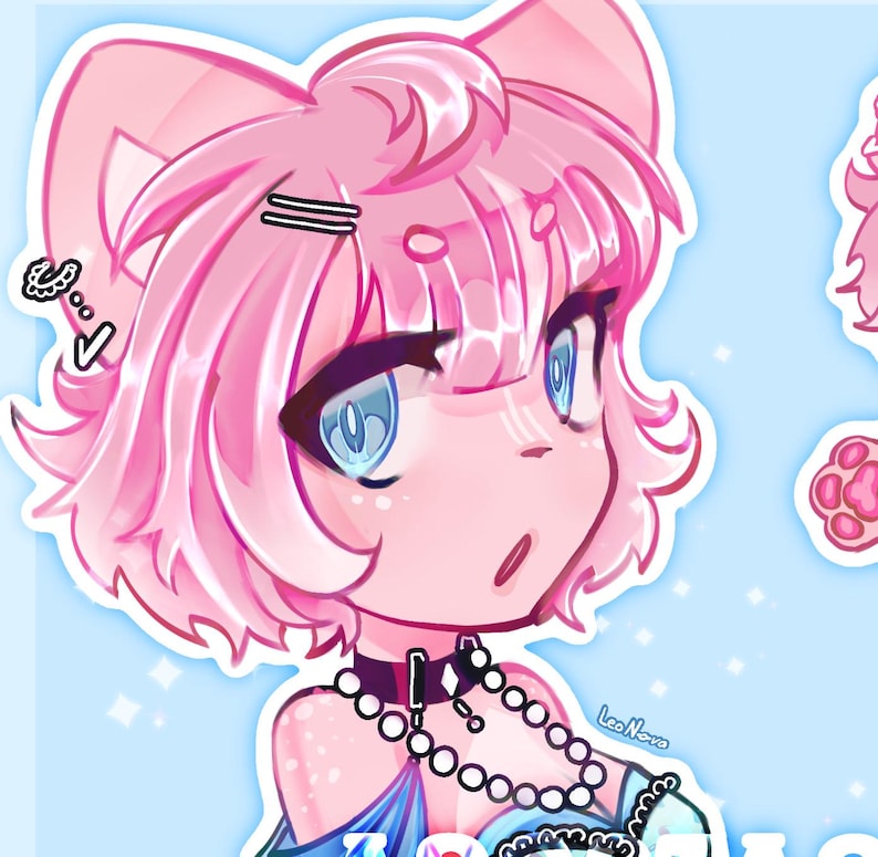 May include: A pink and blue cartoon character with large blue eyes and pink hair. The character is wearing a black choker necklace with a silver charm and a pearl necklace. The character has a pink nose and a small mouth. The background is a light blue color with white stars.