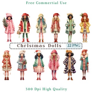 Watercolor Christmas Girl Clipart, Winter Fashion Doll Girl Clip Art, Festive Doll CU clipart, Transparent Background, Christmas Doll Png