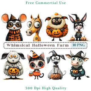 Clipart lunatique d&#39;Animas à la ferme d&#39;Halloween, technique mixte, clip art CU animal insolite, graphiques animaux PNG, éléments fantaisistes, ferme d&#39;Halloween drôle