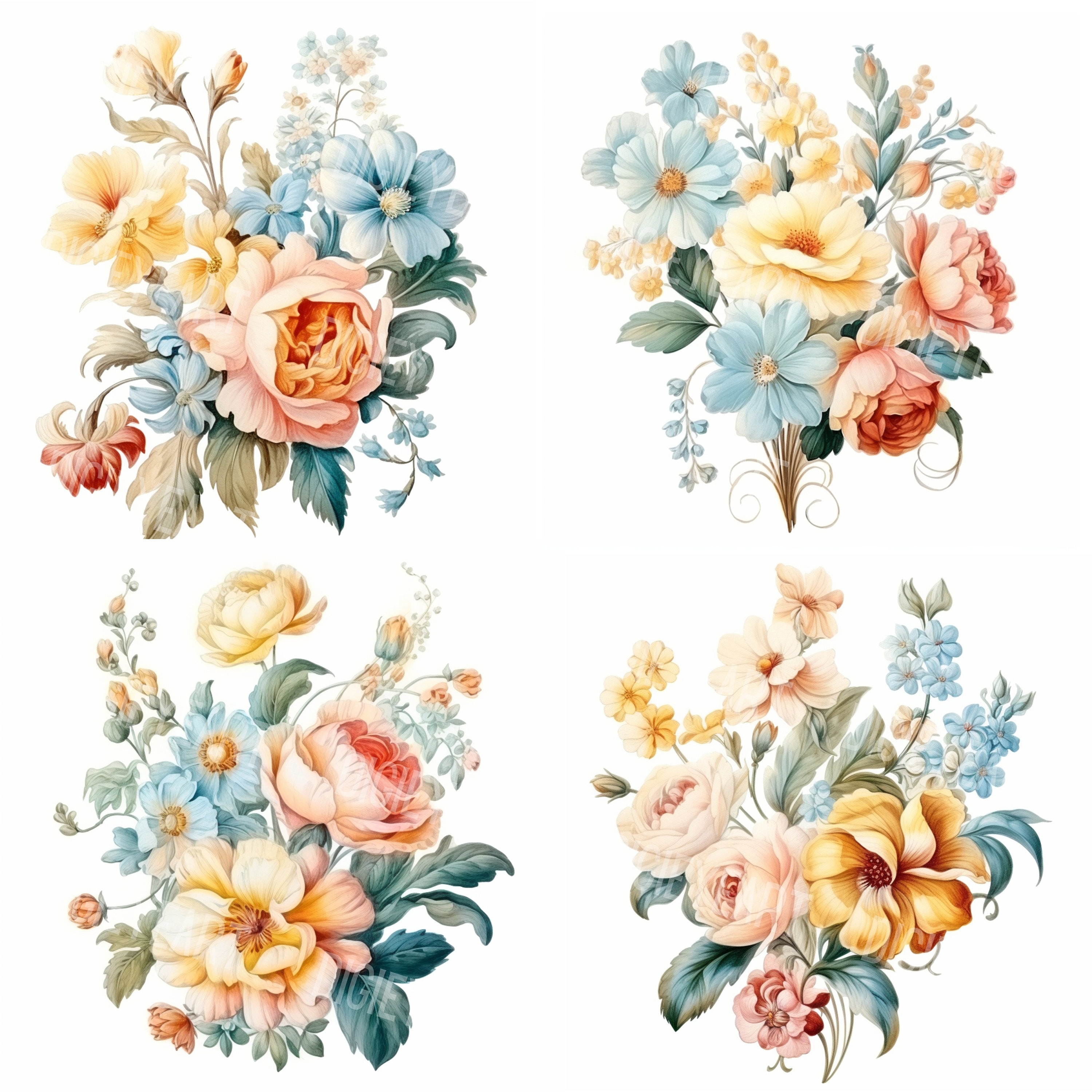 Rococo Flower Sticker Rococo Flowers Clipart, Flower Clip Art, Rose and Lily Jpg, Bouquets ...