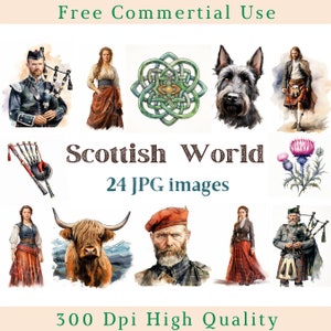 Clipart scozzese ad acquerello, ClipArt Scozia, Kilt Jpg, Immagini delle Highland, Immagini di sfondo bianco in bundle, 300 DPI, Immagini di atmosfera scozzese
