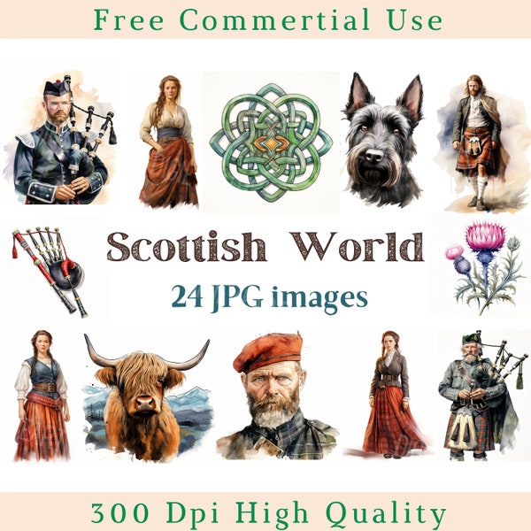 Watercolor Scottish Clipart, Scotland Clip Art, Kilt Jpg, Highland Images, Bundle White Background pictures, 300 DPI, Scottish Vibe Pictures