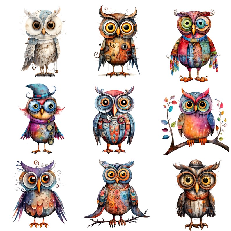 May include: Nine colorful owls with different patterns and designs. Each owl has large, round eyes and a unique personality. The owls are painted in a whimsical style with bright colors and intricate details.