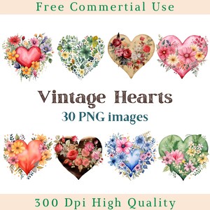 May include: A set of 30 vintage heart images with floral designs. The hearts are in various colors, including red, pink, blue, green, and brown. The flowers are in a variety of colors and styles, including roses, daisies, and wildflowers. The images are high quality and perfect for crafting, scrapbooking, or digital design.