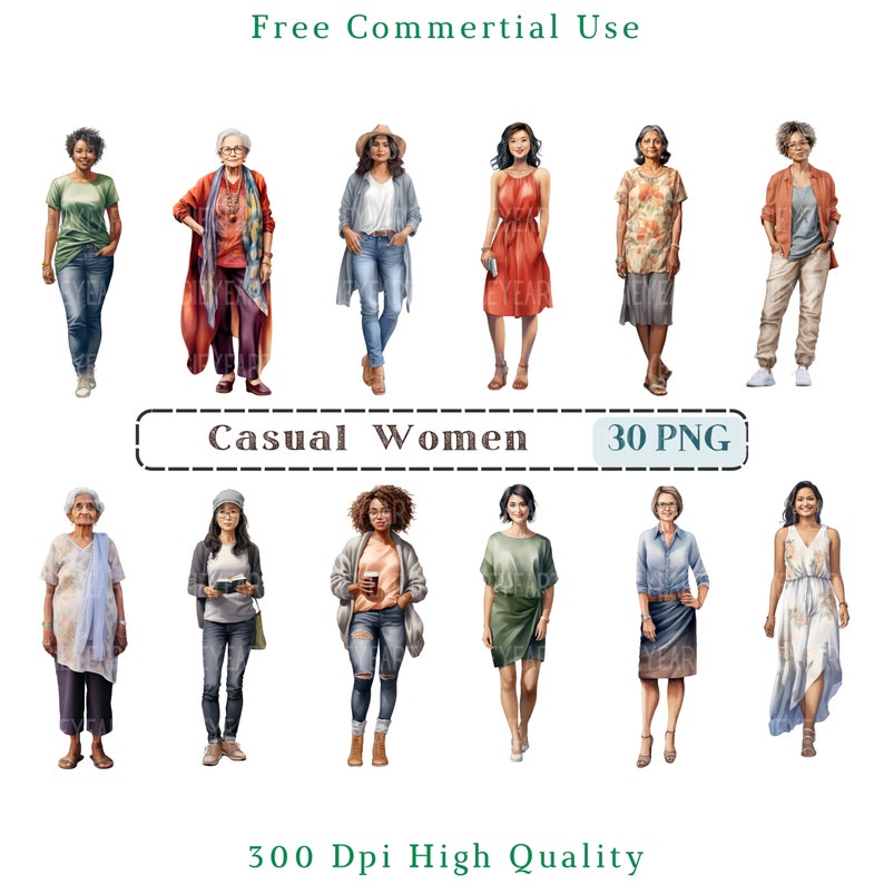 Casual vrouwen clipart, Aziatische zwarte Indiase vrouwen CU illustraties, etnische diversiteit beelden, transparante achtergrondafbeelding, 300 DPI, oude dames PNG afbeelding 1