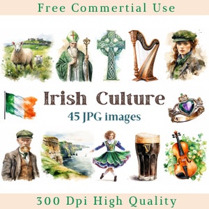 Clipart di cultura irlandese ad acquerello, clipart Irlanda, danza irlandese Jpg, immagini di fortuna, immagini di sfondo bianco in bundle, 300 DPI, immagini celtiche