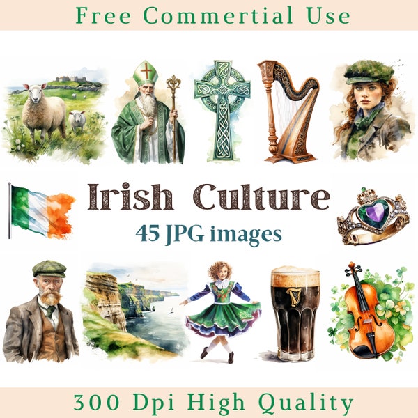 Watercolor Irish Culture Clipart, Ireland Clip Art, Irish Dance Jpg, Luck Images, Bundle White Backgound pictures, 300 DPI, Celtic Pictures