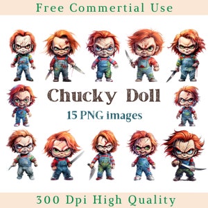 Chucky Doll Clipart, Halloween Clip Art, Image effrayante, Utilisation commerciale, Bundle Transparent Background image, 300 DPI, Halloween Monster Png