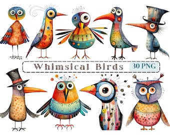 Whimsical Birds Clipart, Quirky Birds Clip Art, Bird Graphics PNG, Bird Images, Transparent Background, Funny Birds Fussy Cut Printables