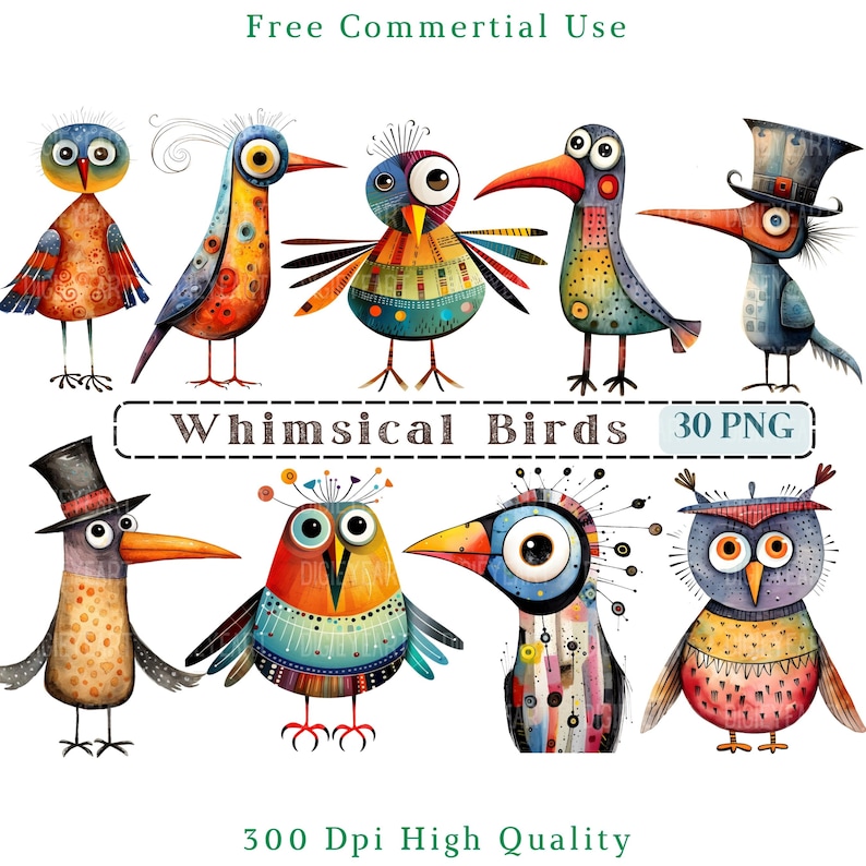 Puede incluir: Conjunto de ocho p&aacute;jaros de dibujos animados caprichosos con patrones y dise&ntilde;os coloridos. Los p&aacute;jaros est&aacute;n en varias poses, incluyendo de pie, volando y posados. El texto "Whimsical Birds 30 PNG" se muestra debajo de los p&aacute;jaros.