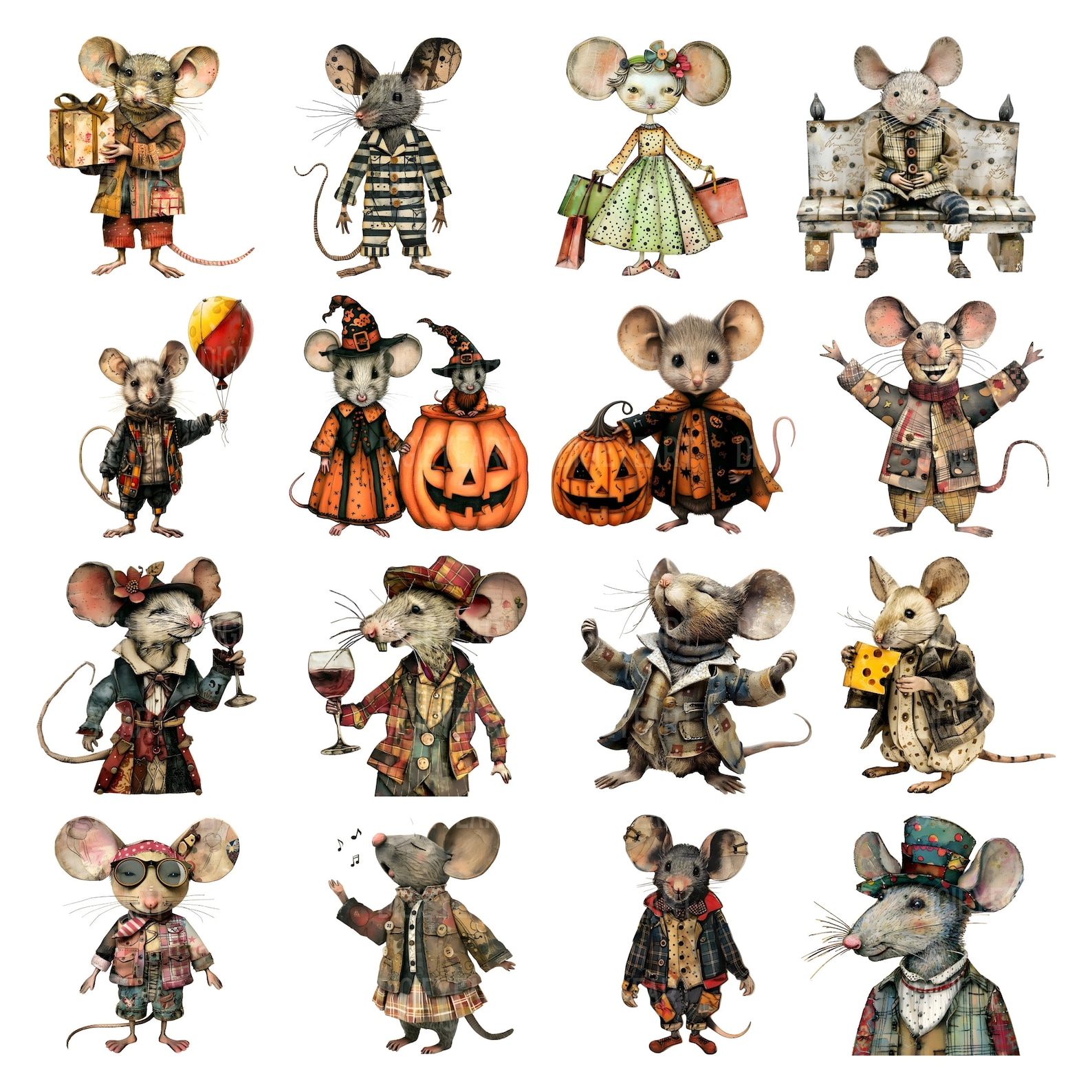 Whimsical Mouse Clipart, Quirky Mice Clip Art, Mixed Media Mouse PNG ...