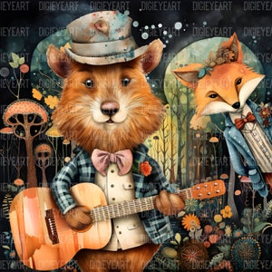Peut inclure: Un hamster de dessin anim&eacute; portant un chapeau et une chemise &agrave; carreaux joue de la guitare. Un renard portant un costume bleu se tient derri&egrave;re le hamster. L'arri&egrave;re-plan est une for&ecirc;t sombre avec des champignons et des arbres.