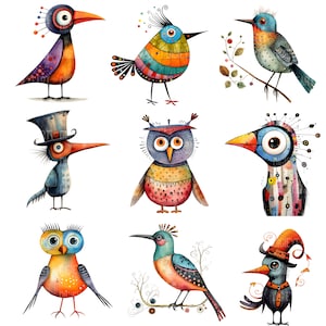 Puede incluir: Un conjunto de nueve ilustraciones de acuarela caprichosas con p&aacute;jaros coloridos y un b&uacute;ho. Los p&aacute;jaros tienen dise&ntilde;os y patrones &uacute;nicos, que incluyen rayas, lunares y formas geom&eacute;tricas. El b&uacute;ho tiene un cuerpo morado con acentos amarillos y rojos.
