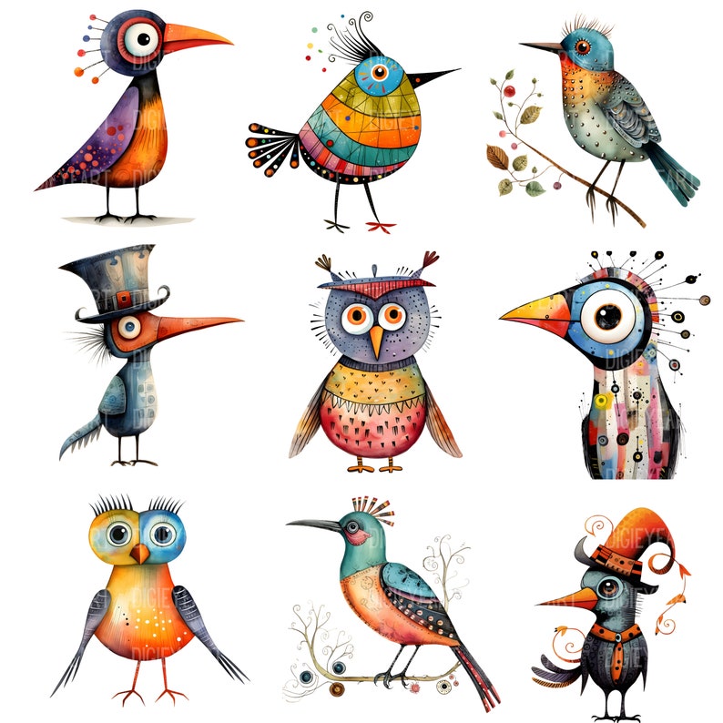 Puede incluir: Un conjunto de nueve ilustraciones de acuarela caprichosas con p&aacute;jaros coloridos y un b&uacute;ho. Los p&aacute;jaros tienen dise&ntilde;os y patrones &uacute;nicos, que incluyen rayas, lunares y formas geom&eacute;tricas. El b&uacute;ho tiene un cuerpo morado con acentos amarillos y rojos.