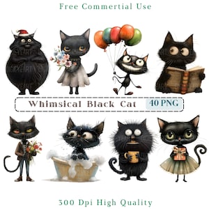 Whimsical Black Cat Clipart, Quirky Cat Clip Art, Mixed Media Kitten PNG Images, Transparent Background pictures, 300 DPI, Funny Cat Picture