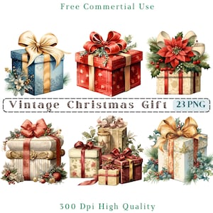 Vintage Christmas Gifts Clipart, Gift Box Clip Art, Retro Gifts Png, CU Clipart, Transparent Background picture, 300 DPI, Composite Elements