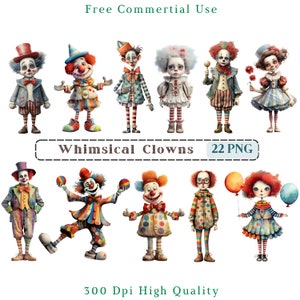 Imágenes prediseñadas de payaso caprichoso, imágenes prediseñadas de CU de circo peculiar de medios mixtos, gráficos de comediante PNG, elementos caprichosos, kit Digi de diario, imprimibles de corte quisquilloso