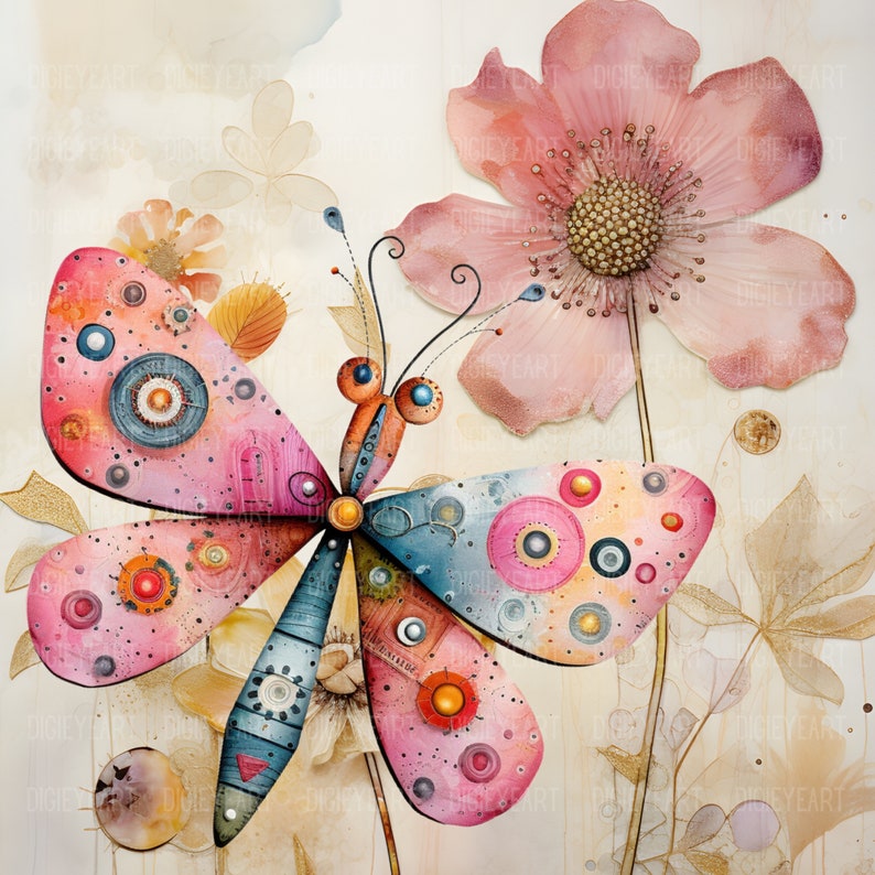 May include: A colorful butterfly with pink, blue, and orange accents is perched on a flower with a pink and white blossom. The background is a soft beige with hints of gold.