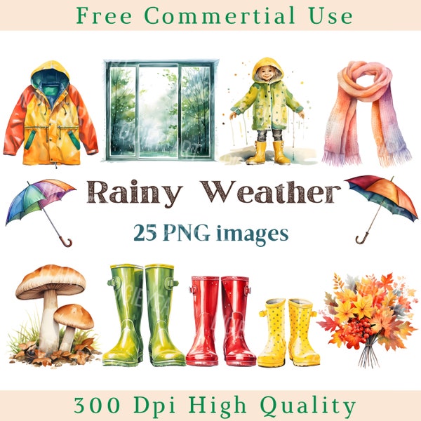Rainy Weather Clipart, Fall Rain Clip Art Png, Rubber Boots Image, Commercial Use,Bundle Transparent Background picture,300 DPI,Umbrella Png
