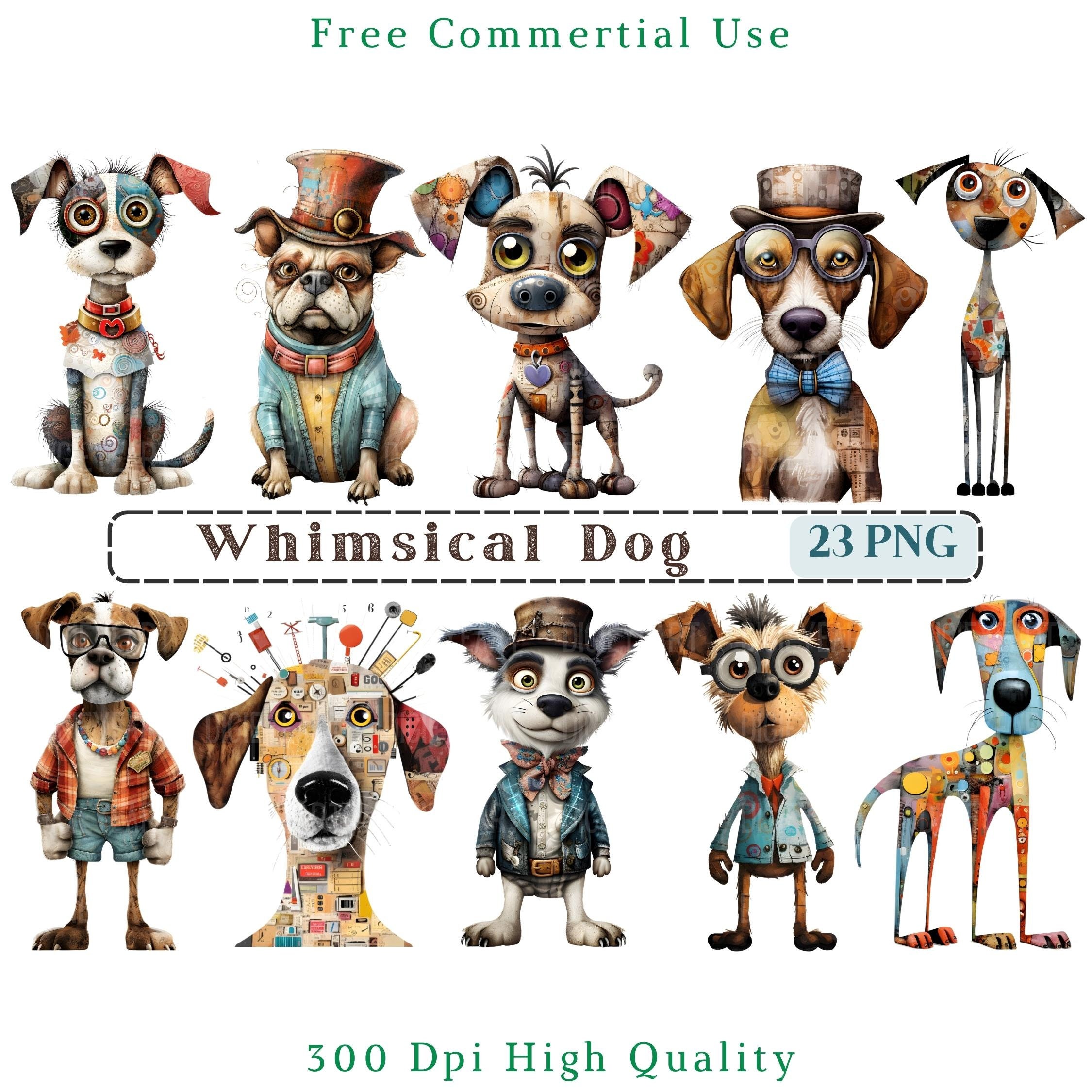 Whimsical Dogs Clipart, Quirky Dog Clip Art, Mixed Media Dog PNG ...