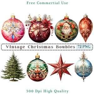 May include: A set of vintage Christmas ornaments, including a red ornament with a poinsettia, a green ornament with gold accents, a blue ornament with gold accents, a red ornament with a Santa Claus image, and a red ornament with a star design. The ornaments are 300 DPI and high quality.