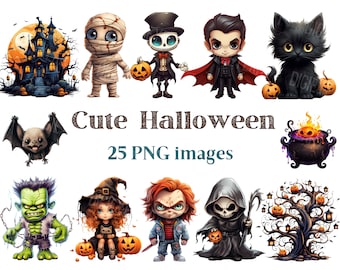 May include: A set of 25 cute Halloween clip art images in PNG format. The images include a haunted house, a mummy, a skeleton, a vampire, a black cat, a bat, a witch, a monster, a reaper, a cauldron, and a tree with pumpkins. The images are 300 DPI and high quality.