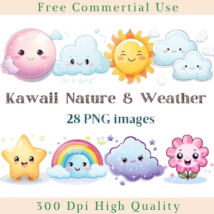 Kawaii Nature Clipart, Kawaii Weather Clip Art, Sun & Clouds Png, Rainbow Images, Bundle Transparent Backgound pictures, 300 DPI