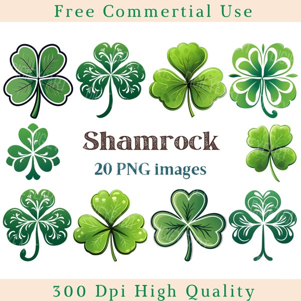 Irish Shamrock Clipart, Clover Clip Art, Shamrock PNG, Luck Images, Bundle Transparent Backgound pictures, 300 DPI,Symbol of Ireland Picture