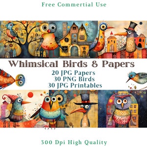Clipart di uccelli stravaganti, stravaganti Sceens carta Jpg, ClipArt di uccelli eccentrici di media misti, kit di diario digitale, 300 DPI, foglio stampabile di scrapbook