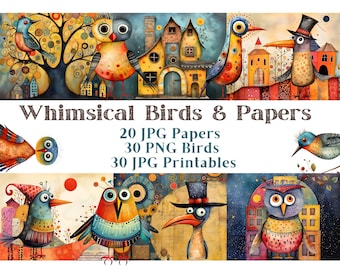 Whimsical Birds Clipart, Whimsical Sceens Paper Jpg, Mixed Media Quirky Bird Clip Art, Journal Digi Kit, 300 DPI, Scrapbook Printable Sheet