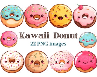 Kawaii Donut Clipart, Kawaii Donuts Clip Art, Sweet Donut Png, Kawaii Sweet Donut Images, Bundle Transparent Backgound pictures, 300 DPI