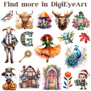 May include: A collection of colorful illustrations featuring a variety of whimsical characters and objects, including a bluebird, a highland cow, a mushroom, a moose, a lantern, a sheep in a suit, a steampunk letter G, a girl in a yellow dress, a dragon, a peacock, a pumpkin, a house, a door, a flower, and an elf. The text "Find more in DigiEyeArt" is at the top of the image.