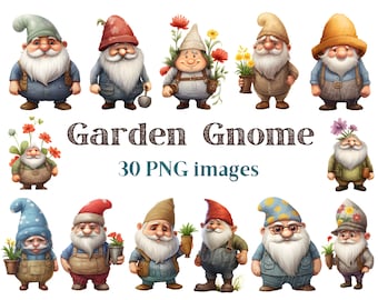 May include: A set of 30 digital illustrations of garden gnomes in various poses and with different accessories. The gnomes are wearing hats, holding flowers, and carrying gardening tools. The images are high quality and perfect for crafting projects, scrapbooking, and digital design.
