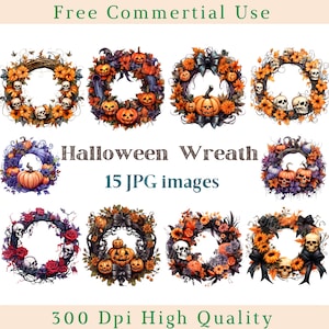 Halloween Wreath Clipart, Spooky Autumn Wreath Clip Art, Fall Wreath Jpg, Illustration Images, Bundle White Background pictures, 300 DPI